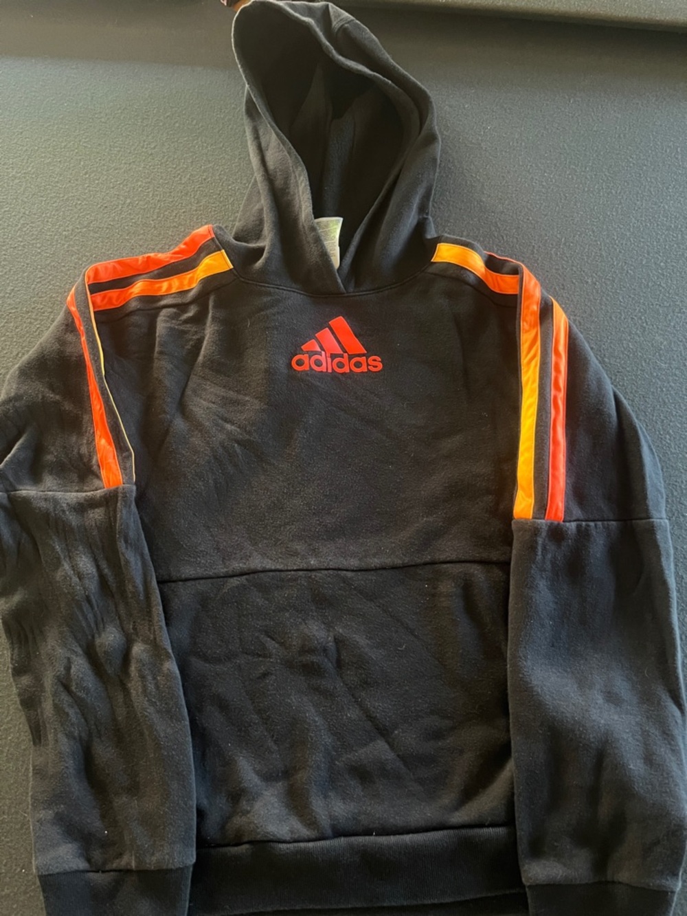 Kids Adidas Black Hoodie with Orange Stripes